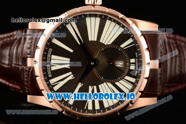 Roger Dubuis Excalibur 36 Miyota 9015 Automatic Rose Gold Case Black Dial With Roman Numeral Markers Brown Leather Strap - Click Image to Close
